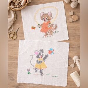 Vintage Embroidered Nursery Panels Cottagecore Baby Quilt Blocks  Kitten Mouse
